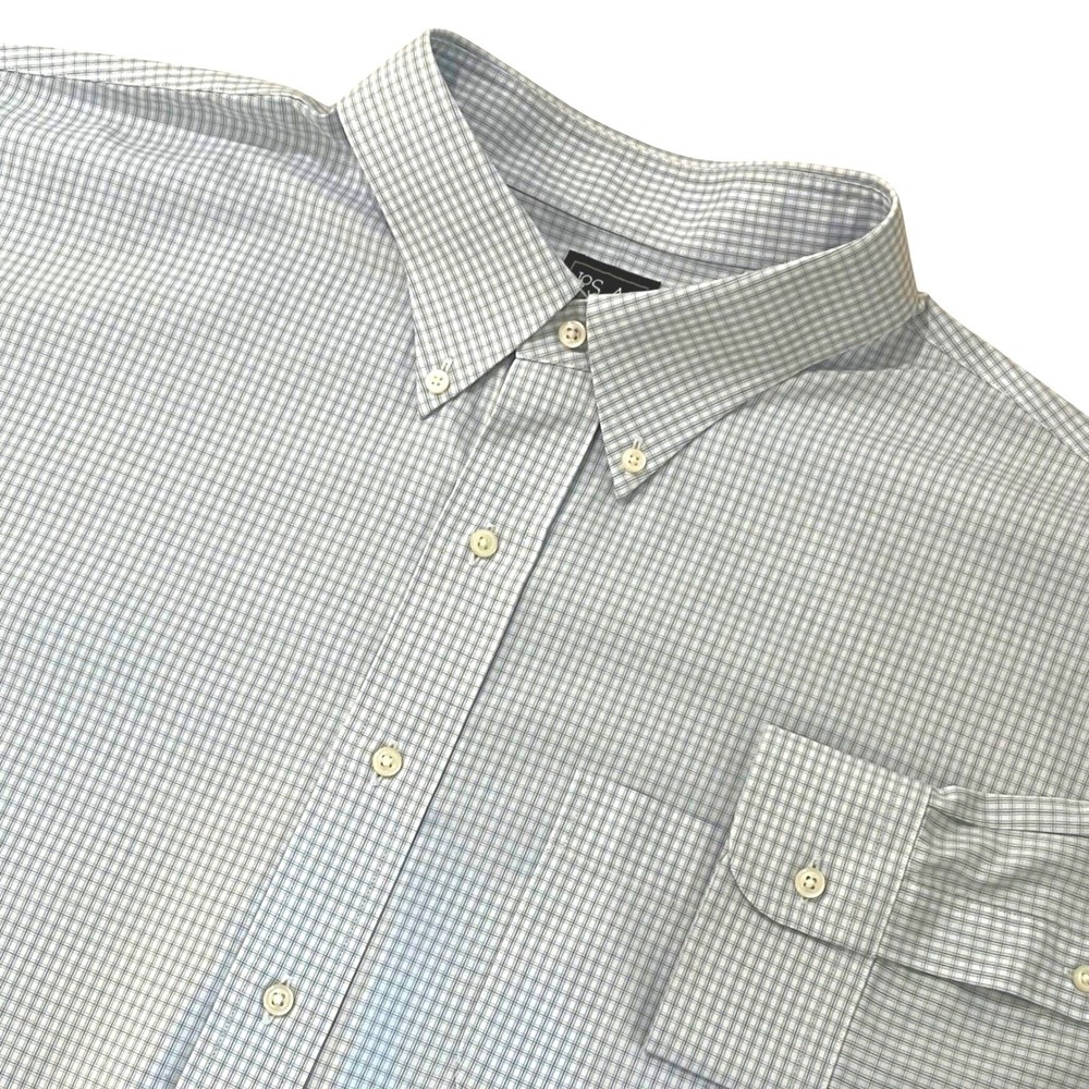 Jos A Bank Mens Traveler Dress Shirt 18.5 35 Blue Green Check Traditional Fit